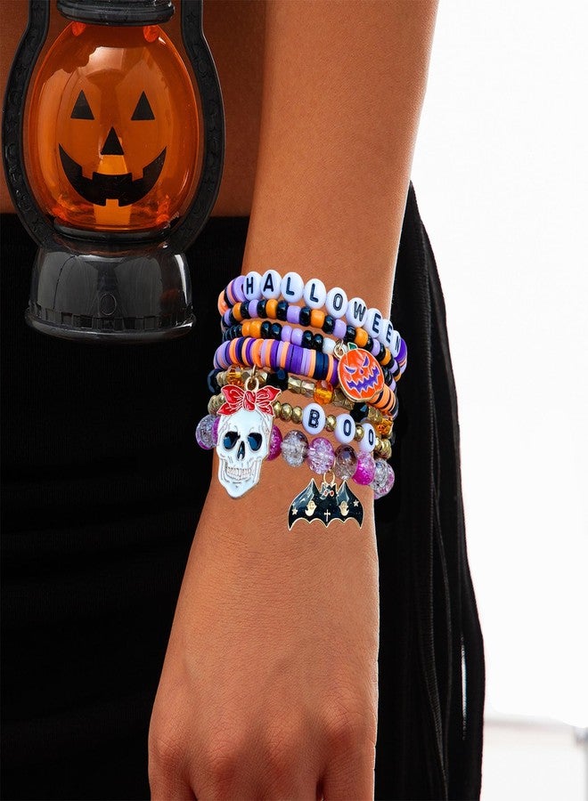 BuQueHM 7pcs Halloween Bracelets for Women Heishi Surfer Bracelet Boho Stackable Stretch Halloween Jewelry with Spooky Pumpkin Charms Perfect Halloween Party Favors - Image 5
